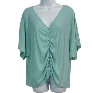 LEXINGTON AVENUE Mint Green Ruched Front Ribbed Short Sleeve Women's Top